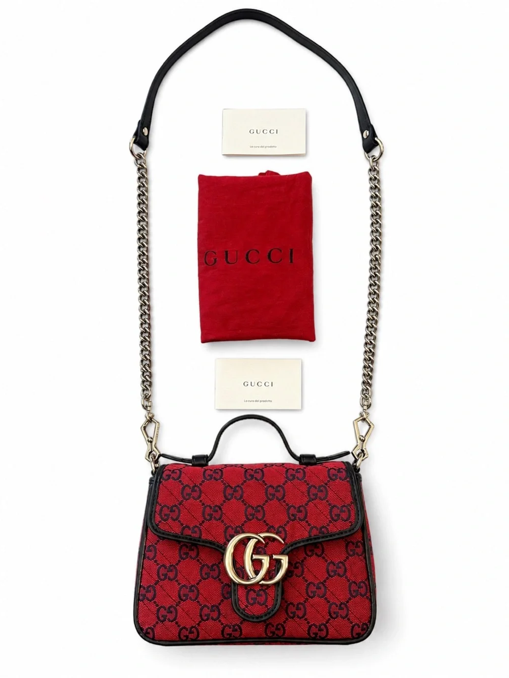 Gucci Red GG Marmont Top Handle Satchel with Black Trim